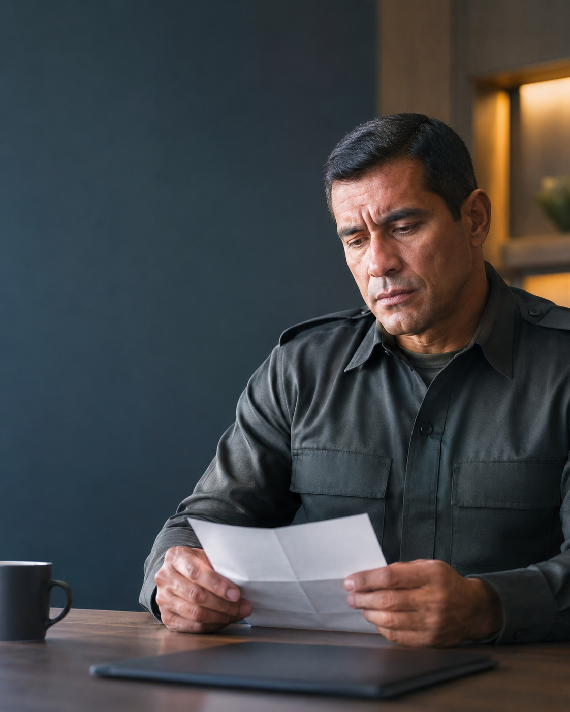 Militar analisando contracheque com preocupação